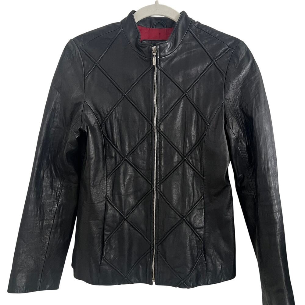 Vintage Mossimo Y2K Black Genuine Leather Jacket Quilted Zip Women Size Small